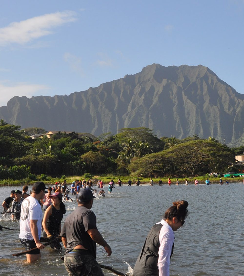 Keahiakahoe a me Waiakalua loko iʻa on a clear day.